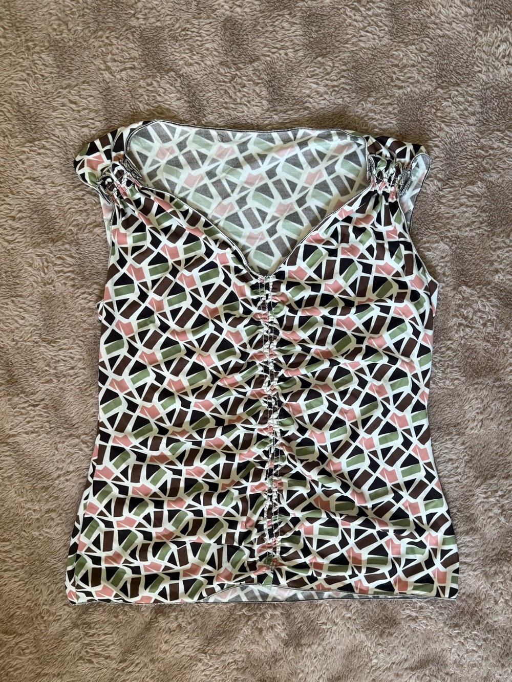 Max Studio Geometric Ruched V‑Neck Tank Top - Pink & Green